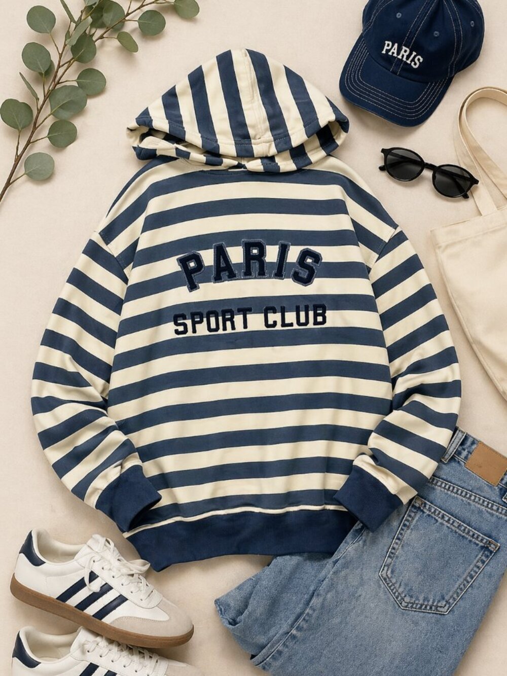 Vintage Paris Sport Club Striped Hoodie Sweatshirt Paris Sport Club Logo Size M